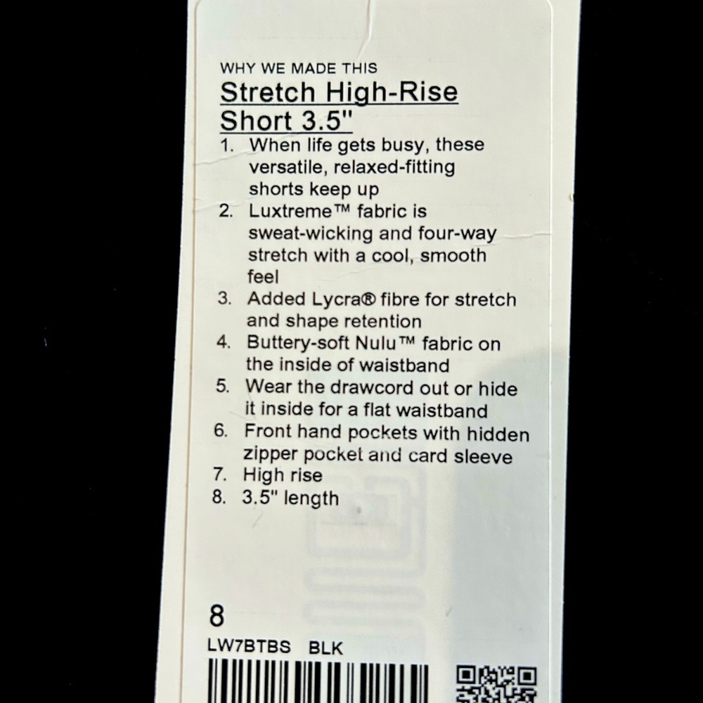 NWT Lululemon Black Size 8 Stretch high rise short